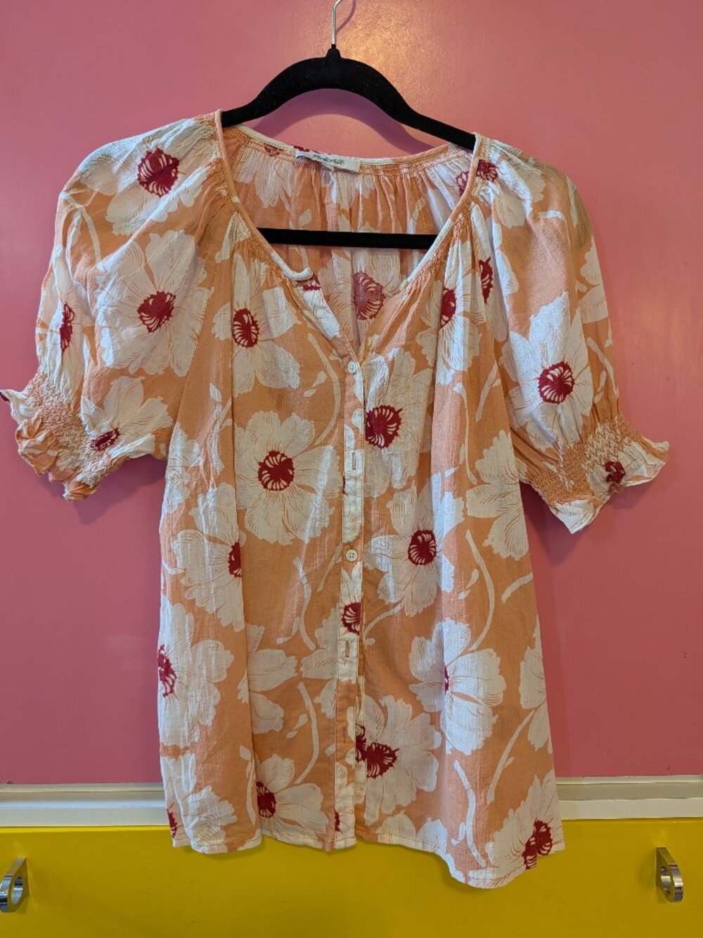Madewell Floral Puff Sleeve Button Front Blouse | Peach | Size S
